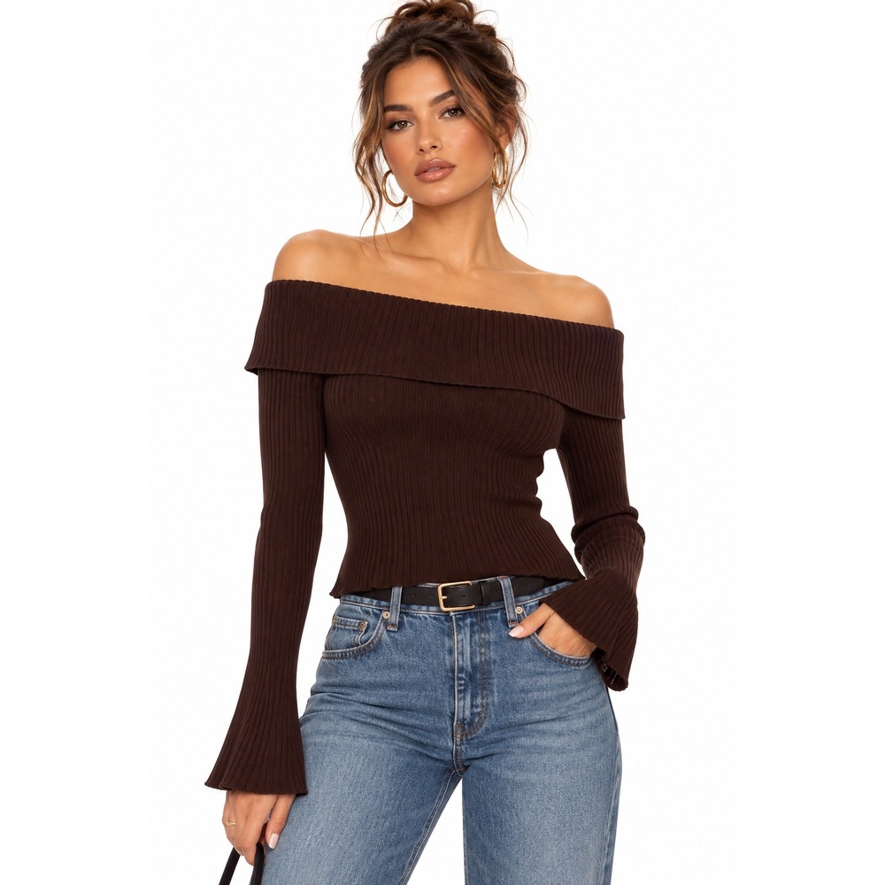 More To Come Ingrid Brown Ribbed Off The Shoulder Knit Top Small NWT